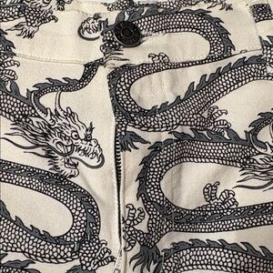Motel Rocks Cream and Black Dragon Print Denim Novelty Jeans Size Small